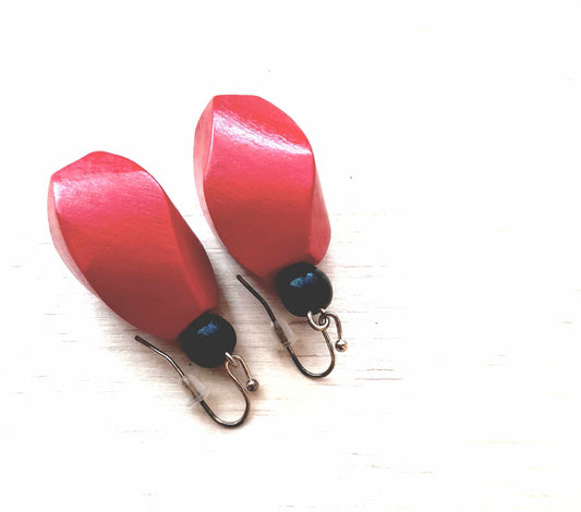 (D) CRIMSON Twist Wooden Boho Danglers - Natural Spirit Collection