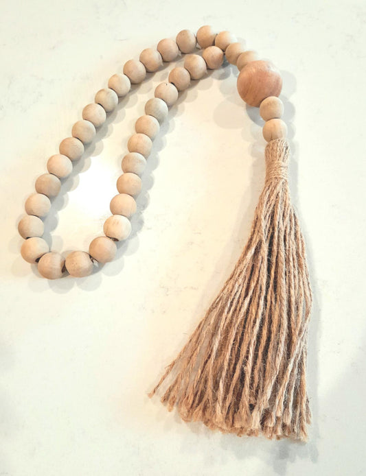 (J) RUSTIC Natural Wood Bead Garland With Jute Tassel